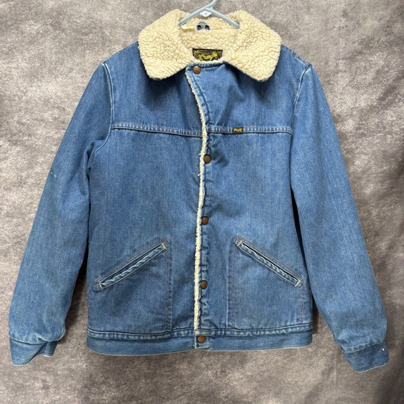 Vintage Wrangler Wrange Coat Mens M Sherpa Lined Denim Jacket Western Chore - Picture 1 of 14